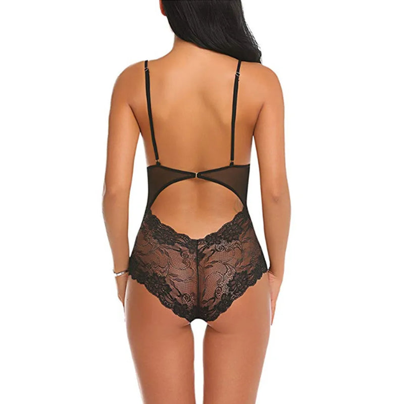 Body Lingerie Sensual de Renda Costas Abertas Transparente