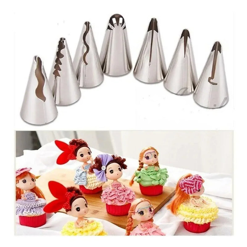 Bico De Confeitar Russo Gourmet Babado Saia Boneca 8 Pçs para Bolo Cupcake Doci