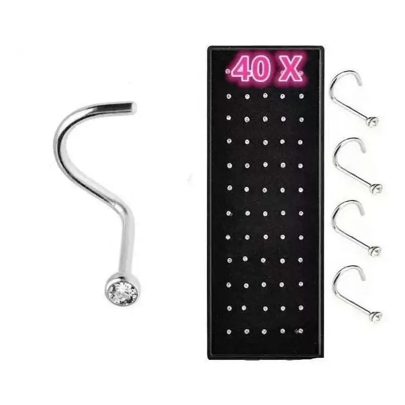 Kit com 40 piercing de nariz cristal reto aço inox atacado moda topo oferta