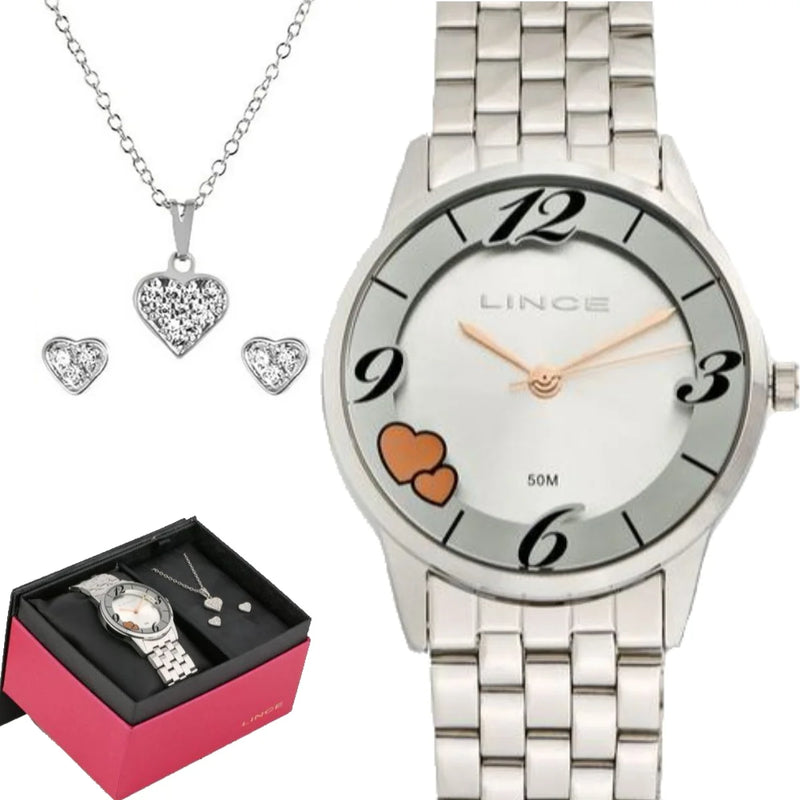 Relógio Feminino Lince Pateado Kit Colar + Par de Brincos Prova ´d Água Original