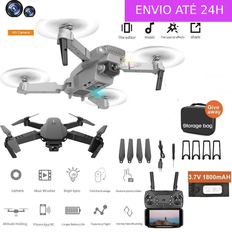 Drone com voo profissional 360 E88, câmera 1080 de alta qualidade, WIFI, foto e vídeo