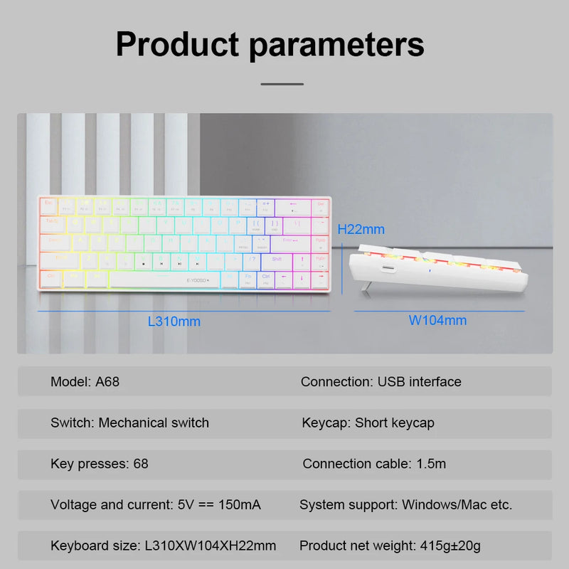 Teclado E-YOOSO A68 RGB Mini Slim USB Wired Mecânico Gaming Keyboard Red Switch 68 Teclas Gamer Russo Brasileiro para Computador PC Laptop