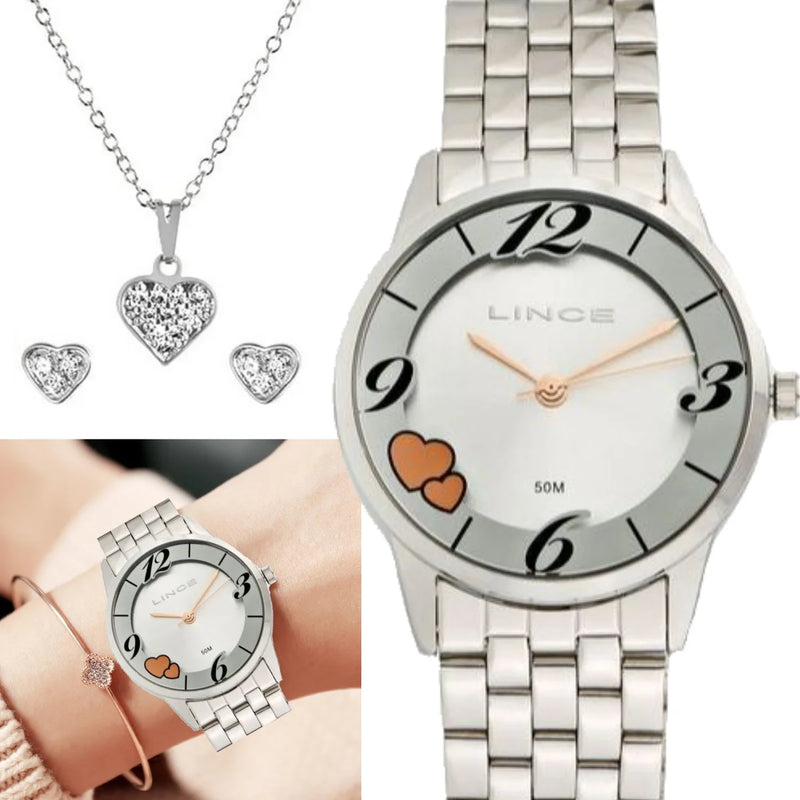 Relógio Feminino Lince Pateado Kit Colar + Par de Brincos Prova ´d Água Original