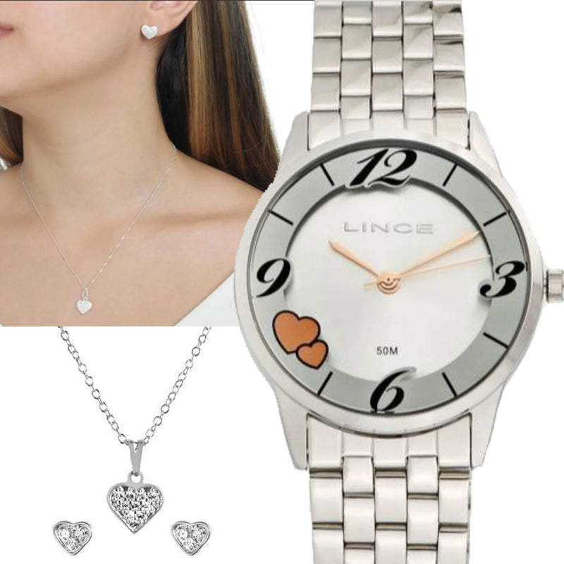 Relógio Feminino Lince Pateado Kit Colar + Par de Brincos Prova ´d Água Original