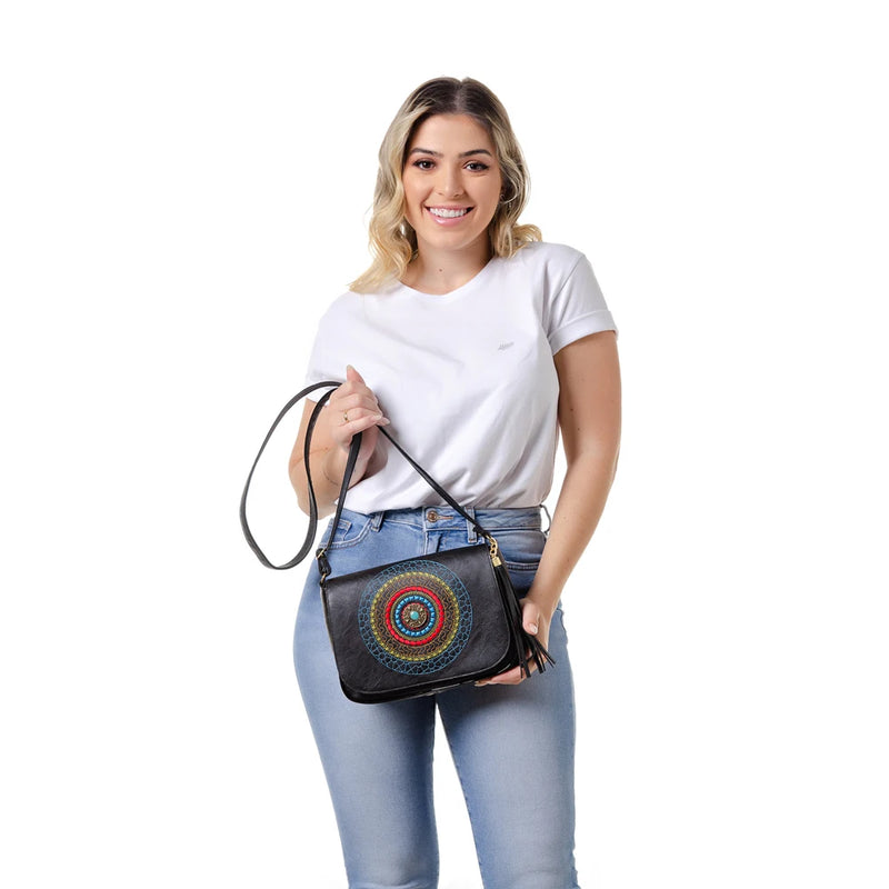 Bolsa Feminina Pequena Transversal de Ombro Couro Bordada Mandala