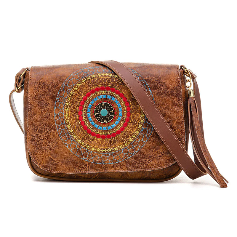 Bolsa Feminina Pequena Transversal de Ombro Couro Bordada Mandala