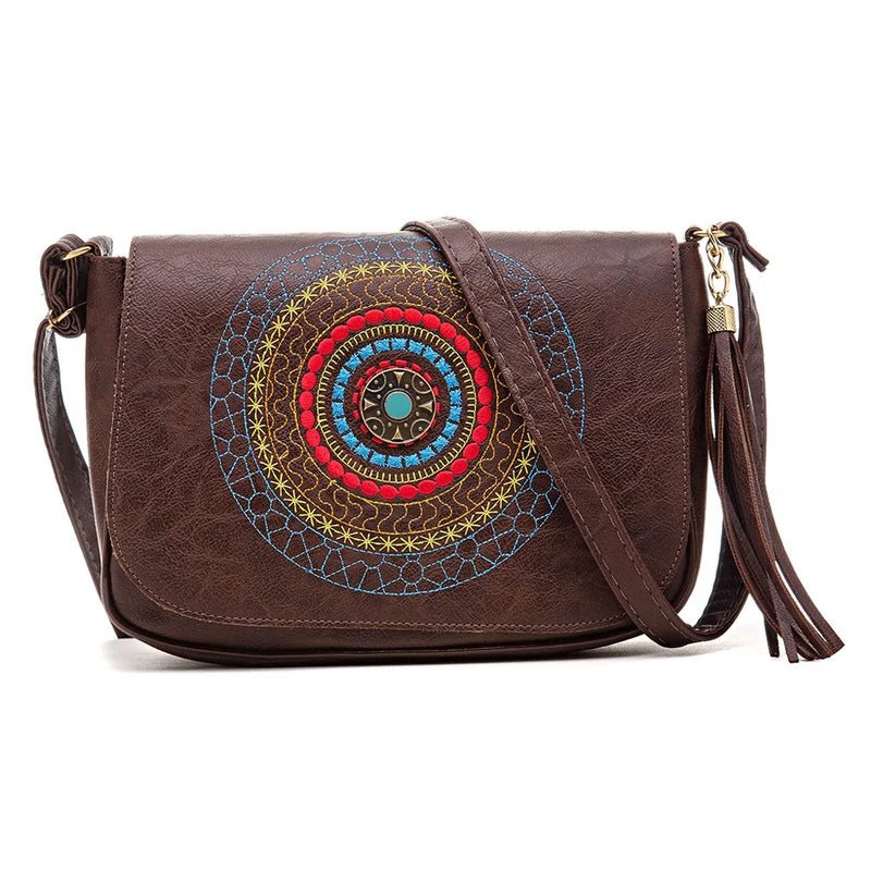 Bolsa Feminina Pequena Transversal de Ombro Couro Bordada Mandala