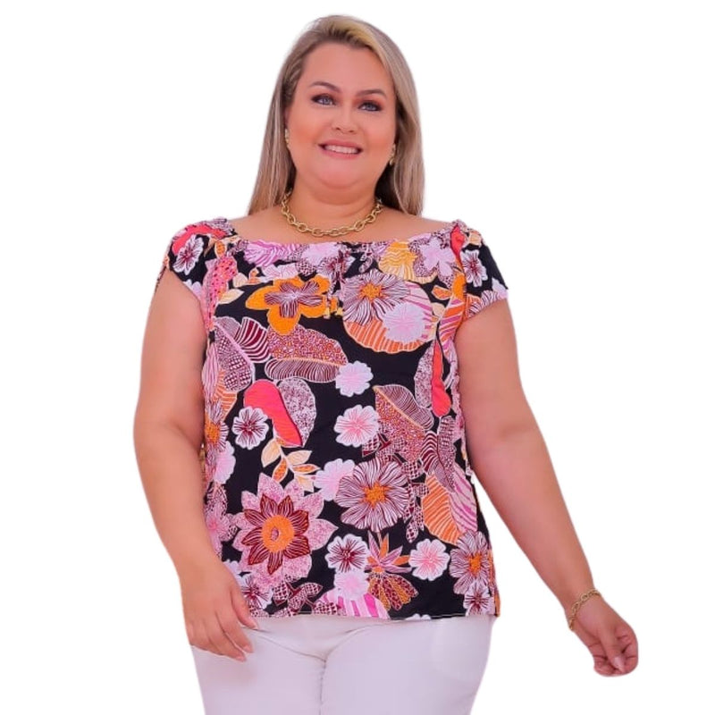 Blusa ciganinha manga curta com recorte e amarração MG GG - Blusa Social Ombro