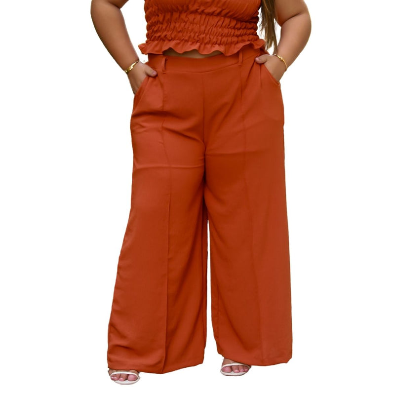 Calça feminina wide leg cos alto duna liso com bolsos elástico na cintura part