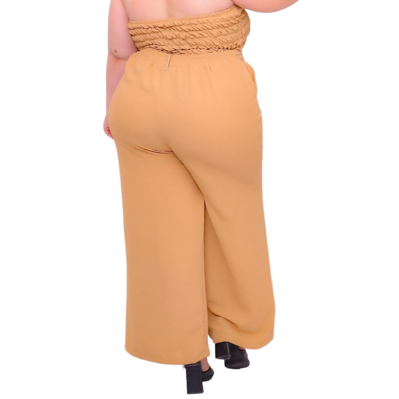 Calça feminina wide leg cos alto duna liso com bolsos elástico na cintura part