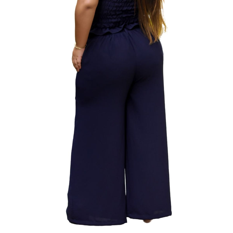 Calça feminina wide leg cos alto duna liso com bolsos elástico na cintura part