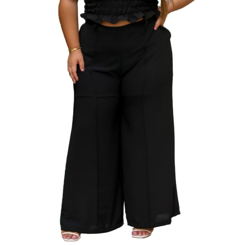 Calça feminina wide leg cos alto duna liso com bolsos elástico na cintura part