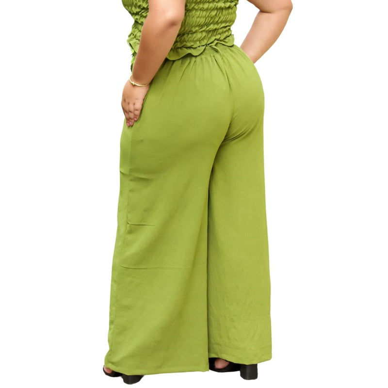 Calça feminina wide leg cos alto duna liso com bolsos elástico na cintura part