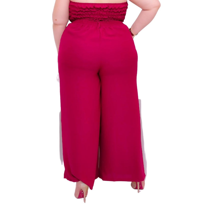 Calça feminina wide leg cos alto duna liso com bolsos elástico na cintura part