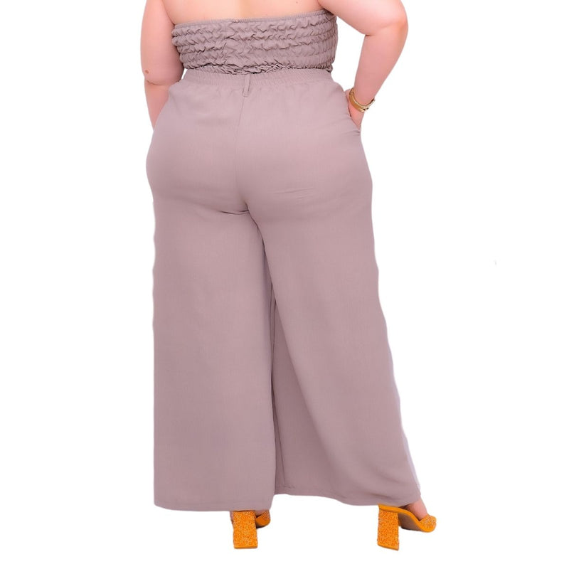 Calça feminina wide leg cos alto duna liso com bolsos elástico na cintura part