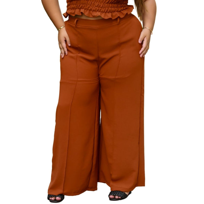 Calça feminina wide leg cos alto duna liso com bolsos elástico na cintura part