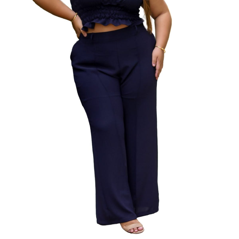 Calça feminina wide leg cos alto duna liso com bolsos elástico na cintura part