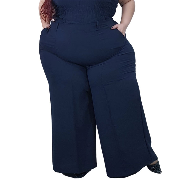 Calça feminina wide leg cos alto duna liso com bolsos elástico na cintura part