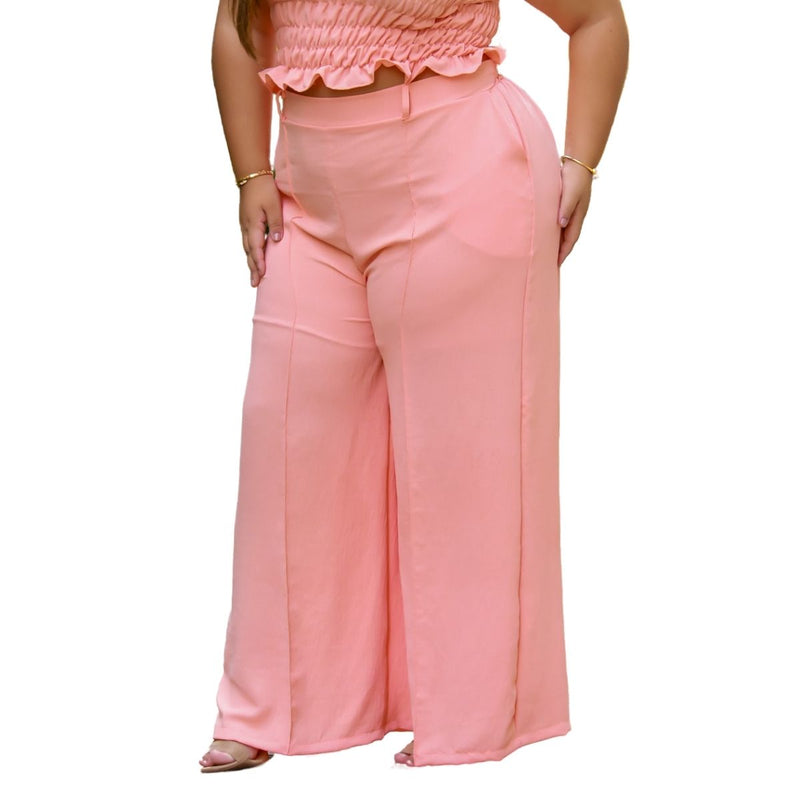 Calça feminina wide leg cos alto duna liso com bolsos elástico na cintura part