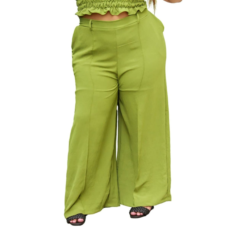 Calça feminina wide leg cos alto duna liso com bolsos elástico na cintura part