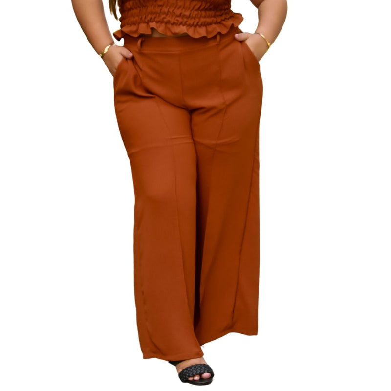 Calça feminina wide leg cos alto duna liso com bolsos elástico na cintura part