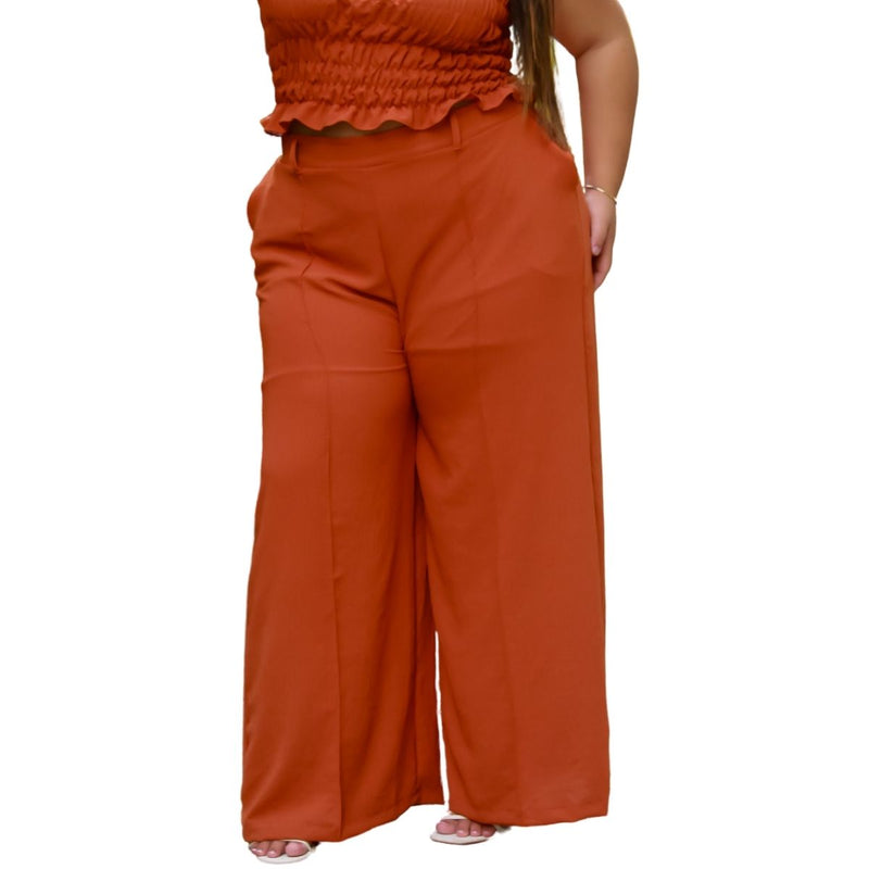 Calça feminina wide leg cos alto duna liso com bolsos elástico na cintura part