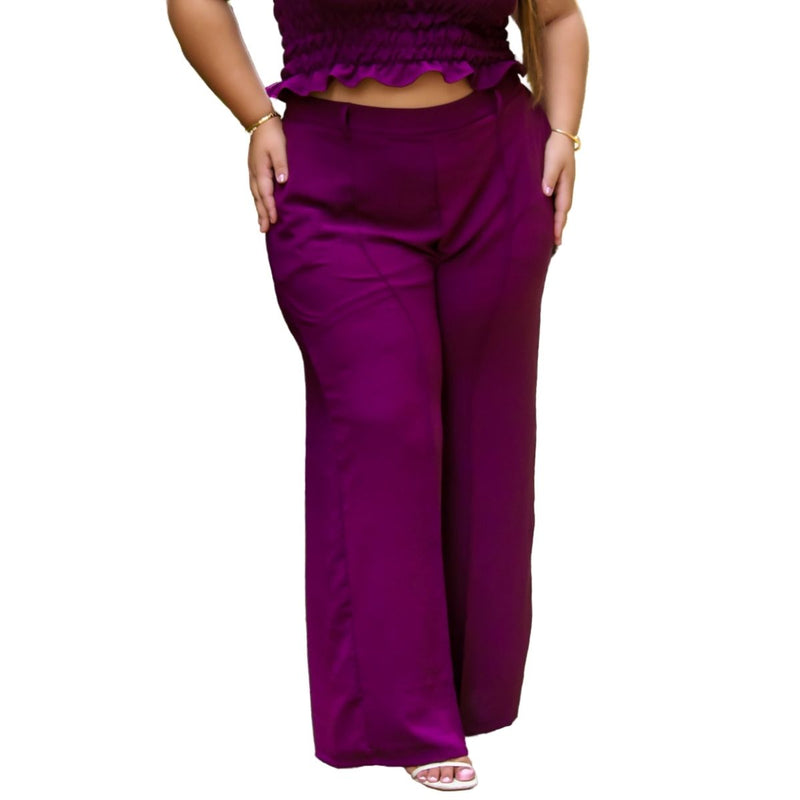 Calça feminina wide leg cos alto duna liso com bolsos elástico na cintura part