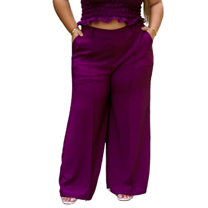 Calça feminina wide leg cos alto duna liso com bolsos elástico na cintura part