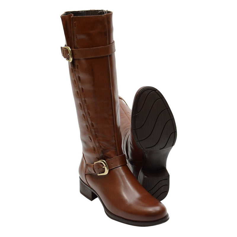 Bota Montaria Feminina Cano Longo Couro Comfort Havana Cor:Marrom Claro;Tamanho: